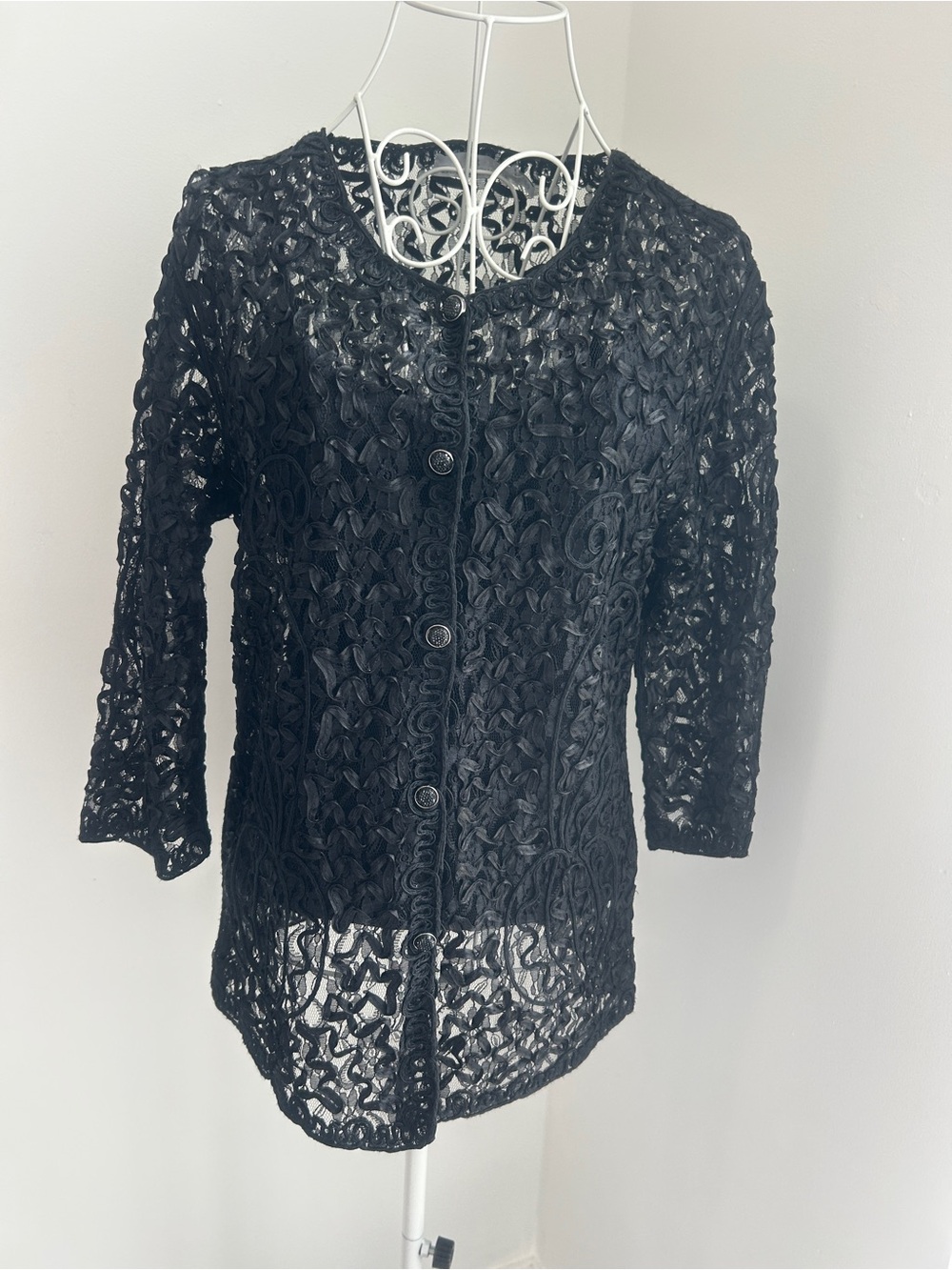 Vintage Black Lace Crochet Button-Front Blouse